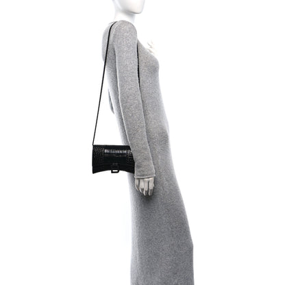 Balenciaga Shiny Calfskin Strass Monochrome Crocodile Embossed Hourglass Chain Bag Black 3 of 9