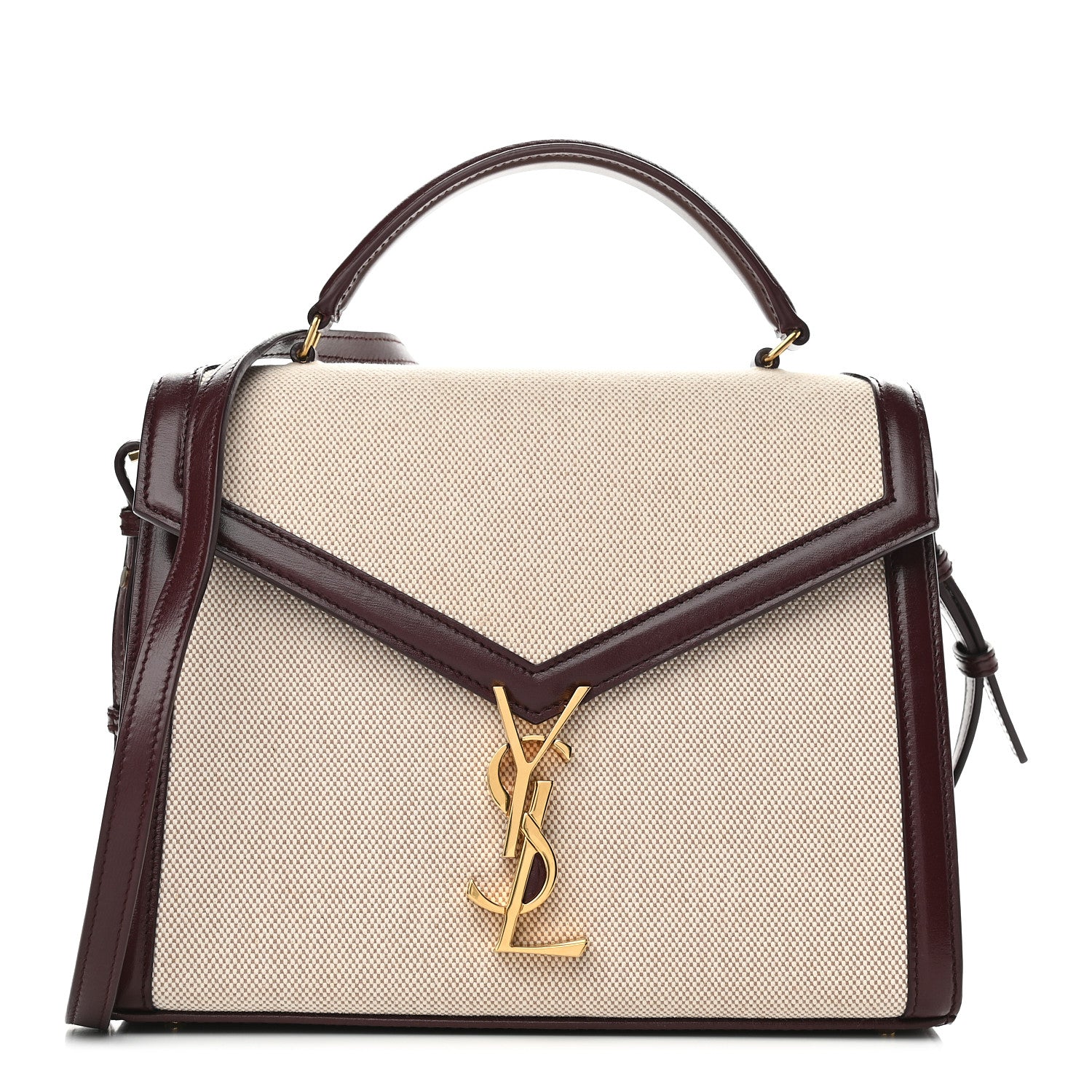 Saint Laurent Canvas Calfskin Medium Classic Monogram Cassandra Top Handle Natural Dark Legion Red 1 of 8