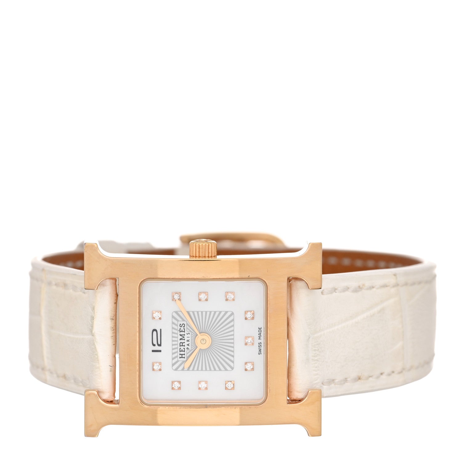 Hermes Stainless Steel Alligator Diamond Mother of Pearl 21mm Heure H Hour Quartz Watch Blanc 2 of 5