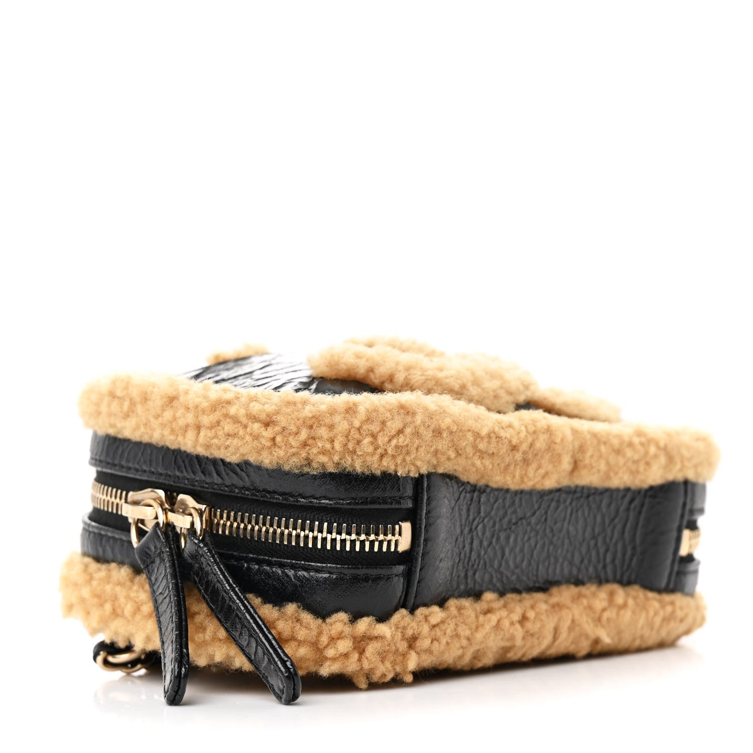 Chanel Shiny Crumpled Sheepskin Shearling Waist Bag Black Beige 4 of 10