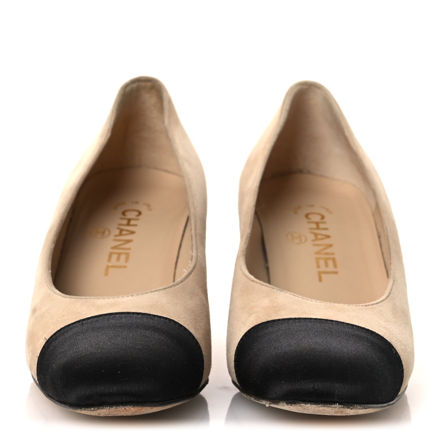 Suede Satin Cap Toe Low Heel Pumps 36 Beige Black