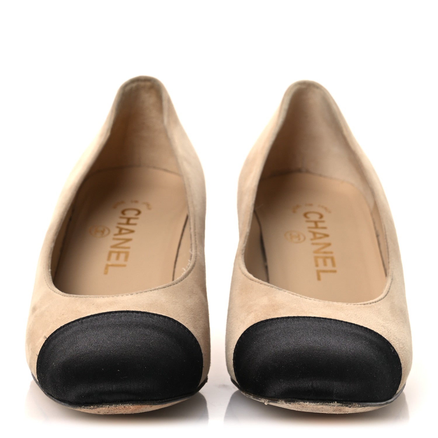 Chanel Suede Satin Cap Toe Low Heel Pumps 36 Beige Black 3 of 16