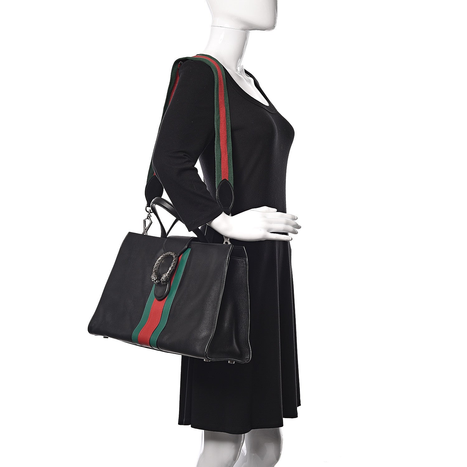 Gucci Calfskin Web Stripe Large Dionysus Tote Bag Black 2 of 9