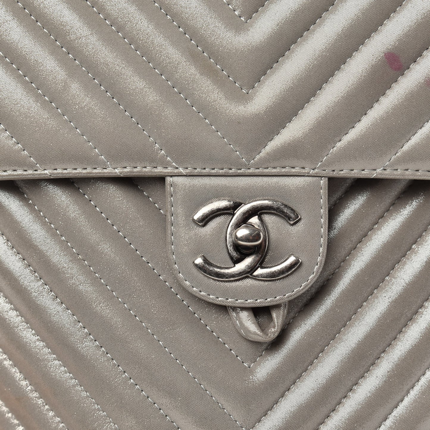Metallic Iridescent Calfskin Chevron Quilted Small Urban Spirit Backpack Silver