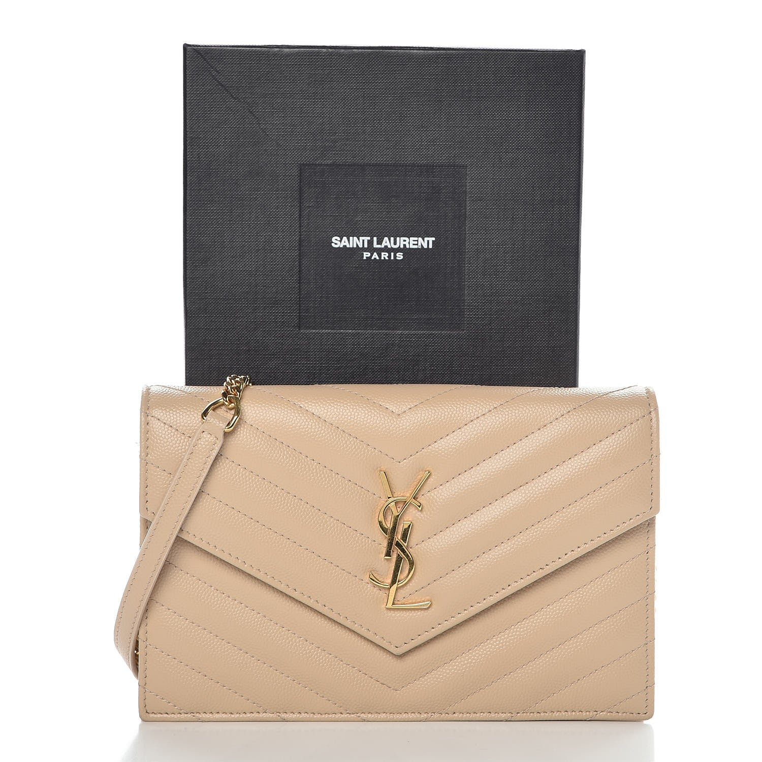 Saint Laurent Grain De Poudre Matelasse Chevron Monogram Envelope Chain Wallet Nude Powder 10 of 10