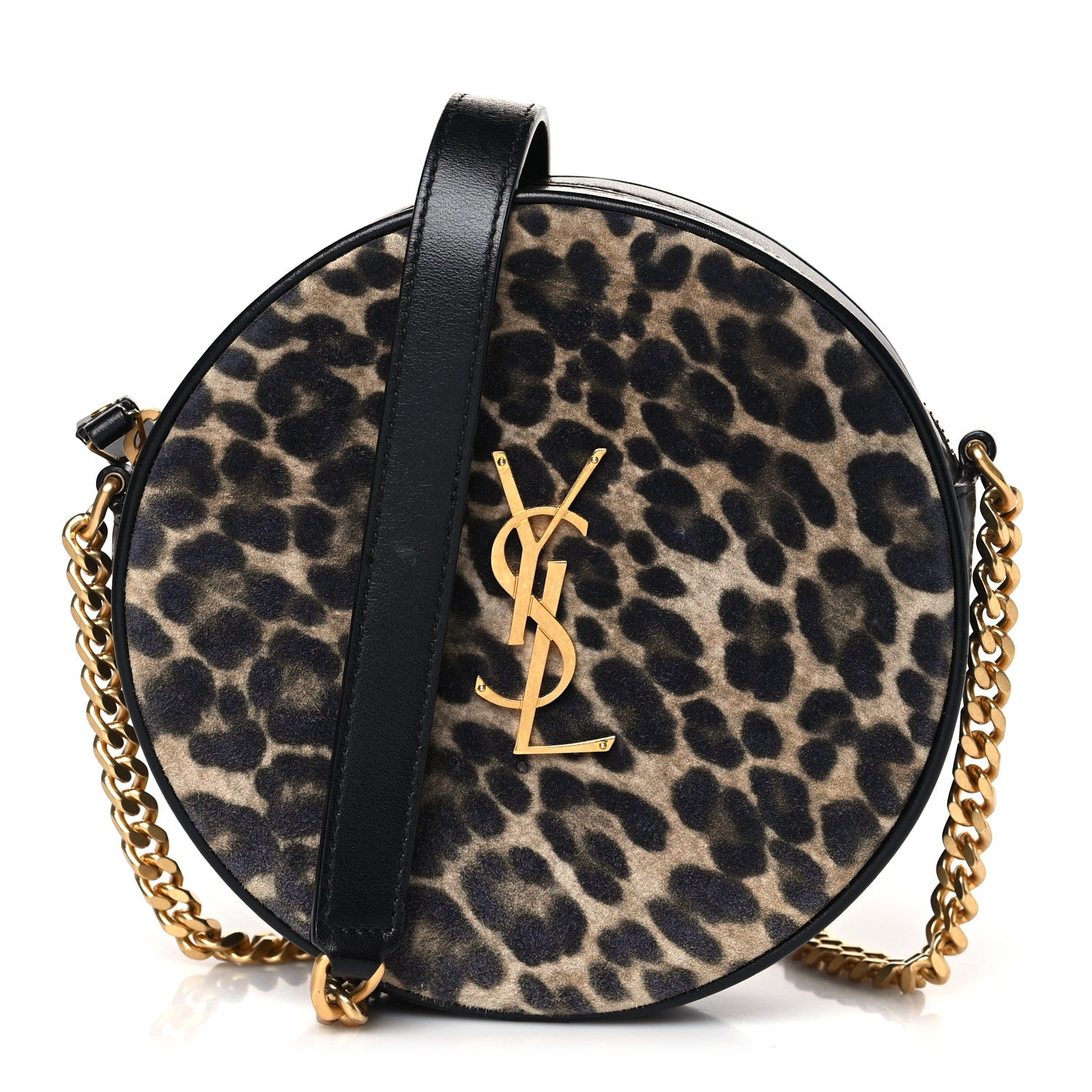 Saint Laurent Smooth Calfskin Suede Leopard Print Round Vinyle Camera Bag Black 1 of 10