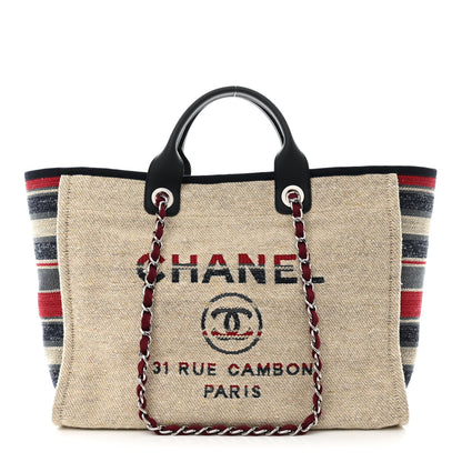 Chanel Striped Canvas Medium Deauville Tote Beige 1 of 13