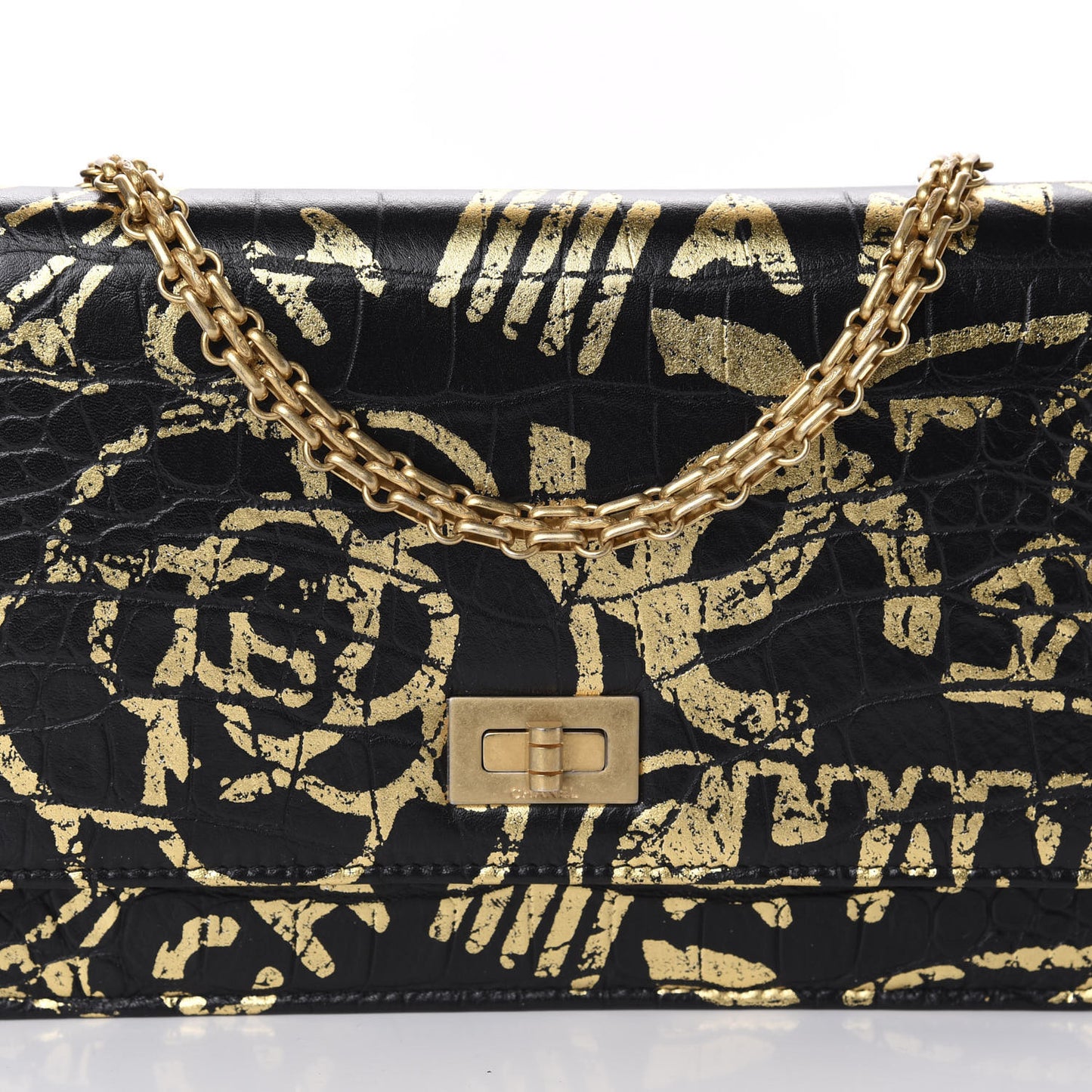 Calfskin Crocodile Embossed Graffiti 2.55 Cocodile Reissue Wallet On Chain WOC Black Gold