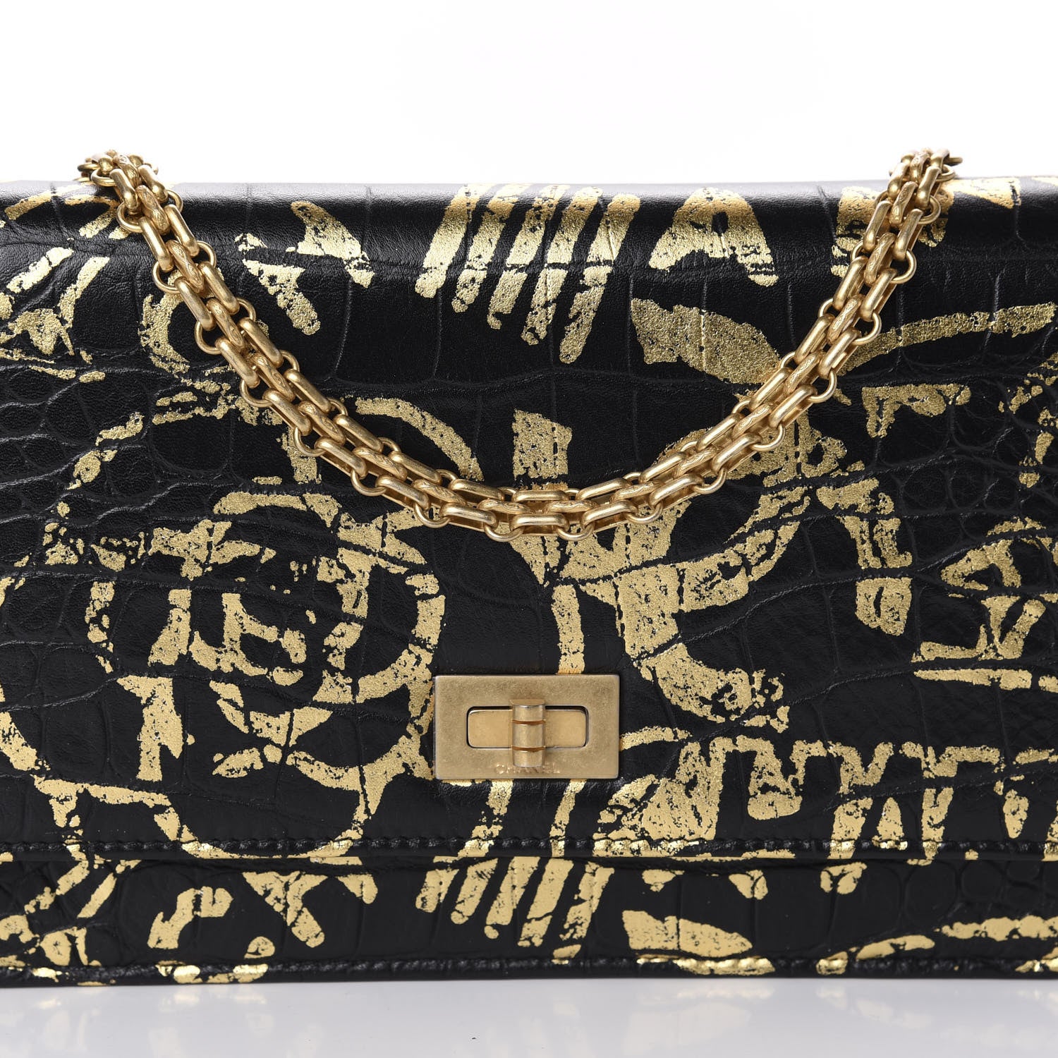 Chanel Calfskin Crocodile Embossed Graffiti 2.55 Cocodile Reissue Wallet On Chain WOC Black Gold 11 of 12