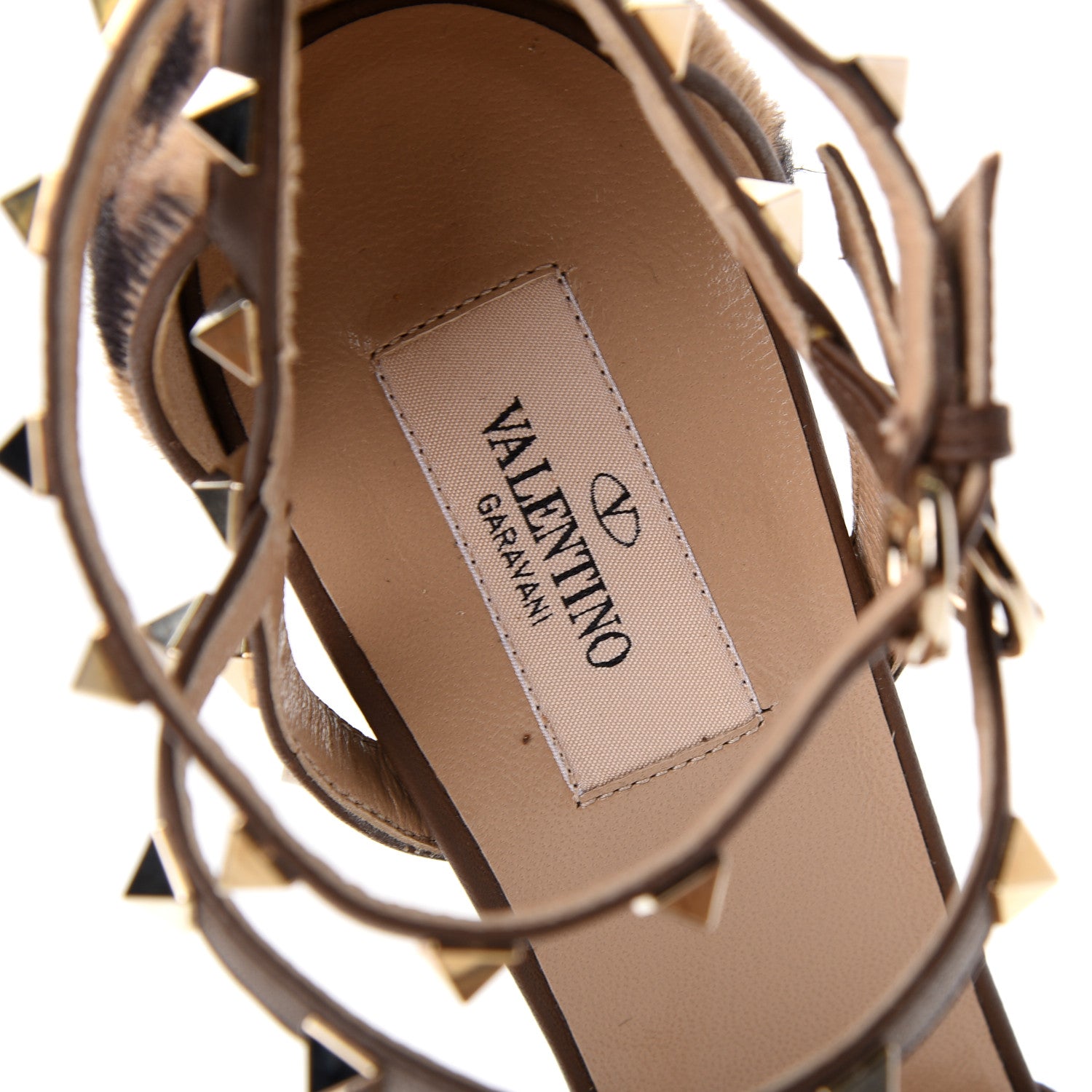 Valentino Garavani Calf Hair Leopard Print Rockstud Ankle Strap Peep Toe Pumps 40 Brown 8 of 9