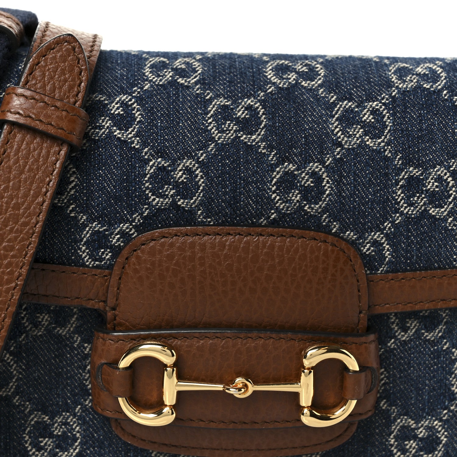 Gucci New Denim GG Monogram Dollar Calfskin Web Mini Horsebit 1955 Shoulder Bag Blue Tea Cuir Epilog 10 of 13