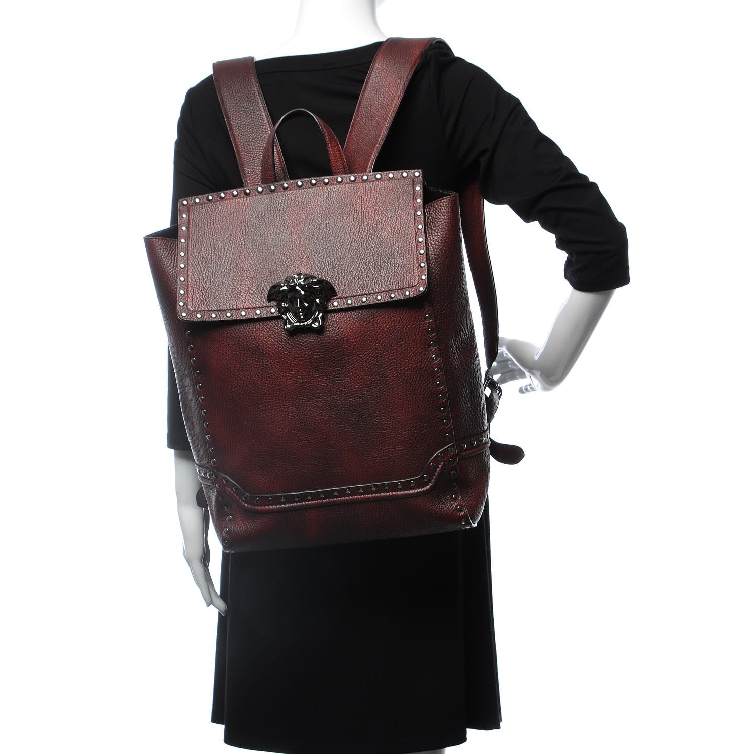 Versace Grained Calfskin Palazzo Studded Backpack Rosso Nero Black 2 of 10