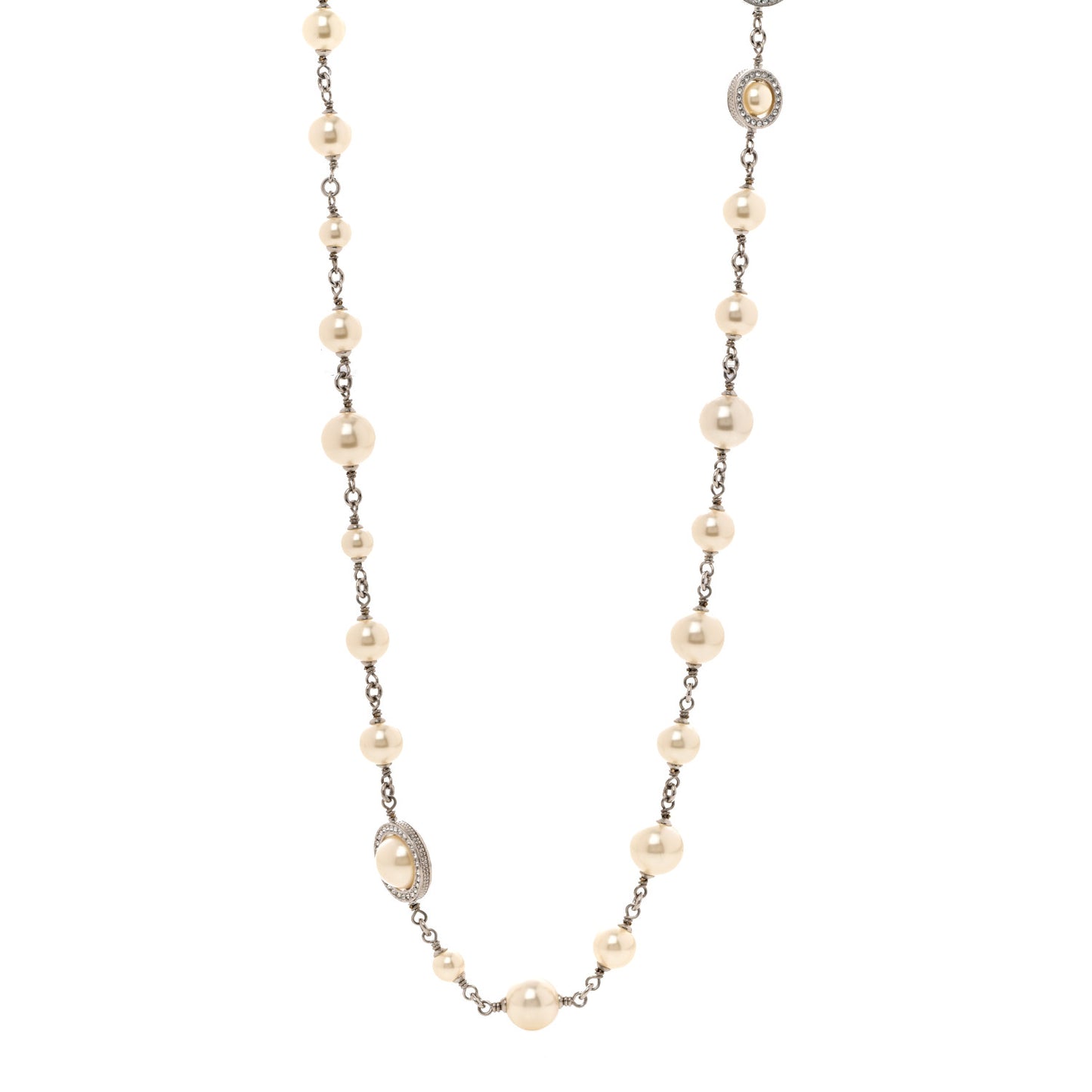 Graduated Pearl Crystal CC Long Necklace Silver