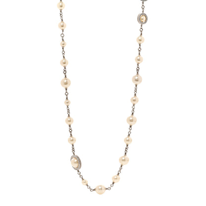 Chanel Graduated Pearl Crystal CC Long Necklace Silver 1 of 5