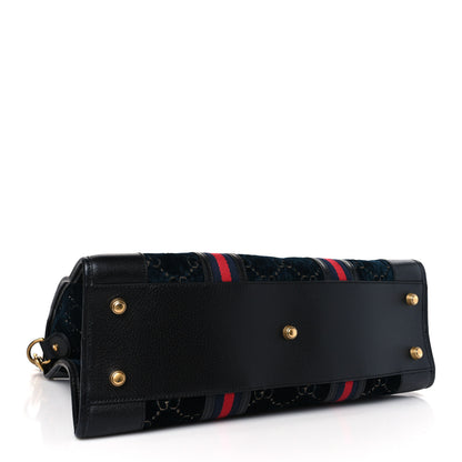 Gucci Velvet GG Monogram Textured Calfskin Web Medium Duffle Bag Blue Beige Black 4 of 9