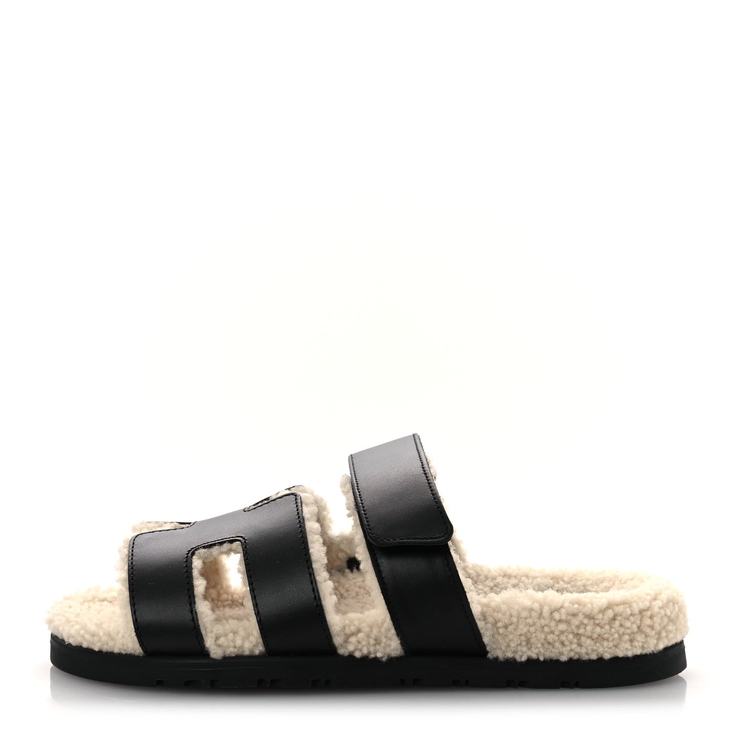Hermes Calfskin Woolskin Womens Chypre Sandals 37.5 Black Ecru 1 of 10