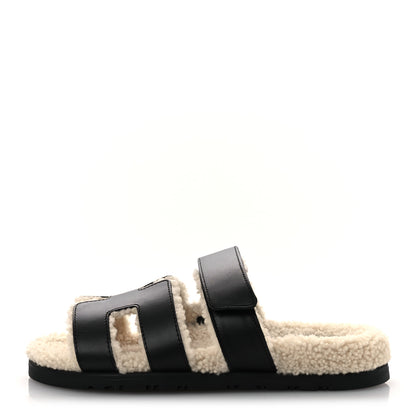 Hermes Calfskin Woolskin Womens Chypre Sandals 37.5 Black Ecru 1 of 10