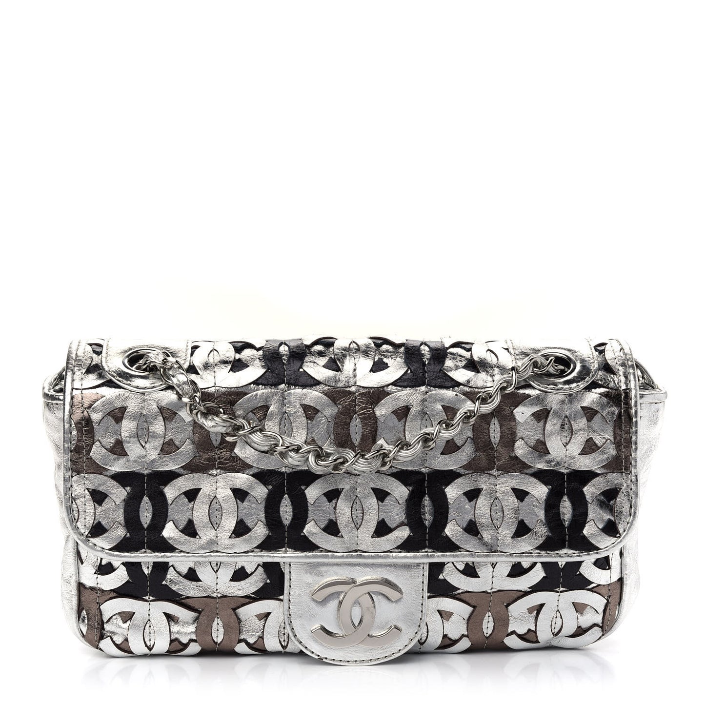 Metallic Crackled Calfskin Medium CC Mix Flap Silver Gold