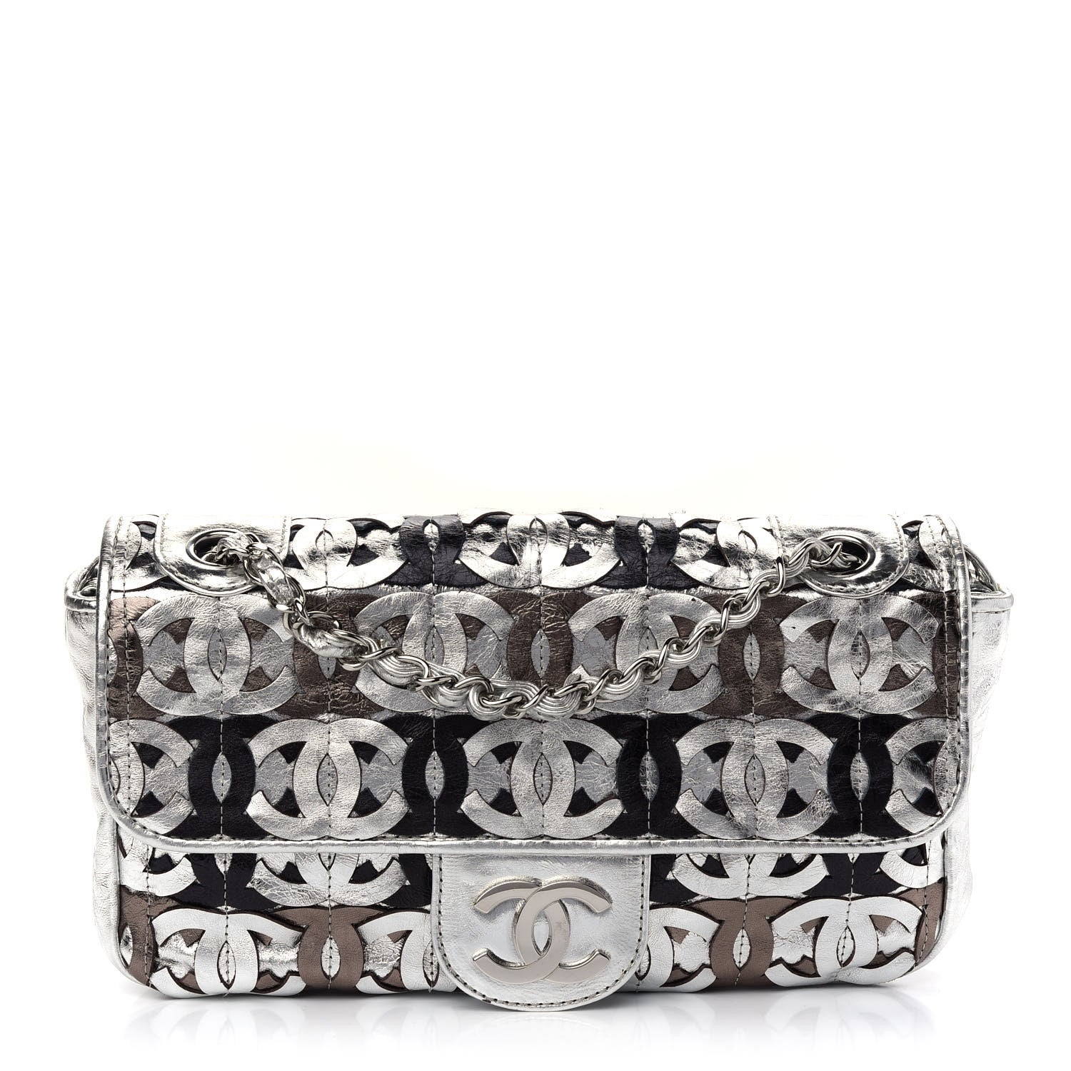 Chanel Metallic Crackled Calfskin Medium CC Mix Flap Silver Gold 1 of 9