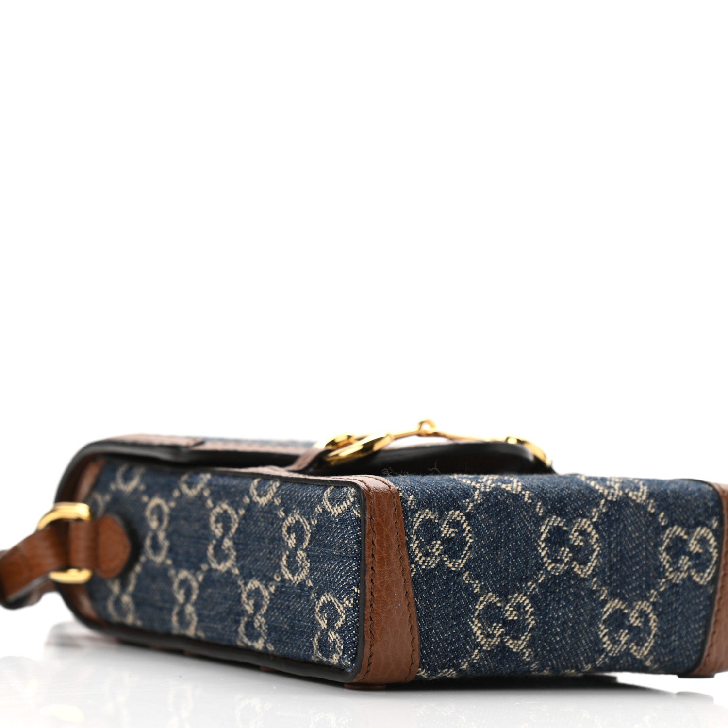 Gucci New Denim GG Monogram Dollar Calfskin Mini Horsebit 1955 Crossbody Bag Blue Tea Cuir Epilog 9 of 10