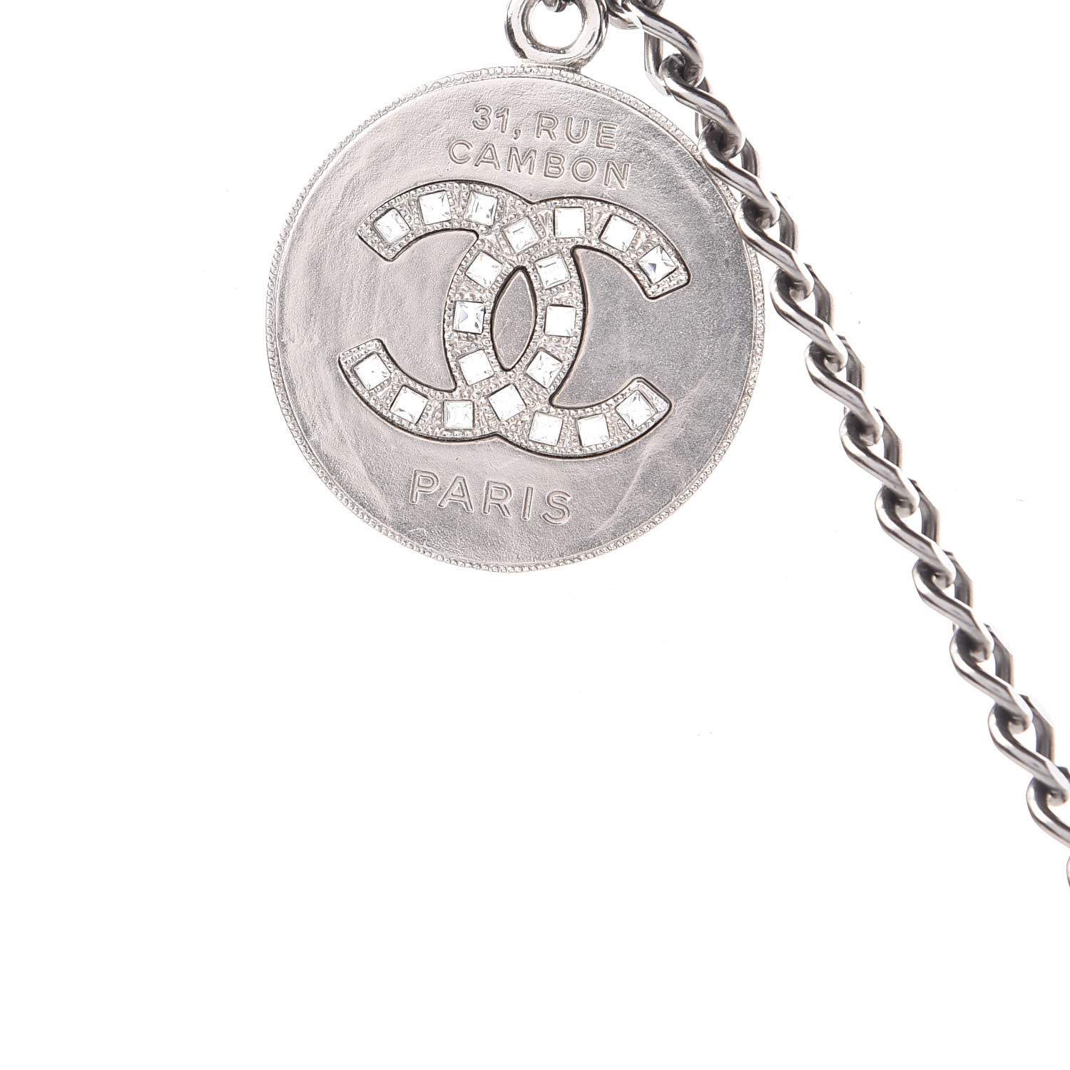 Chanel Crystal Baguette CC Whistle Pendant Necklace Silver 6 of 9