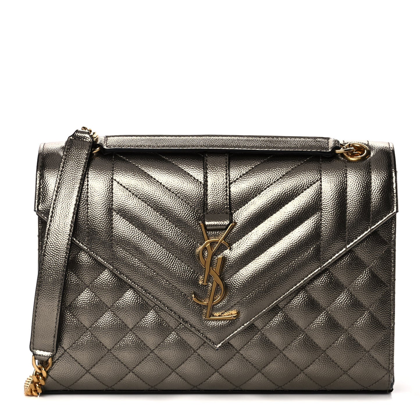 Metallic Grain De Poudre Textured Mixed Matelasse Triquilt Medium Monogram Satchel Piombo