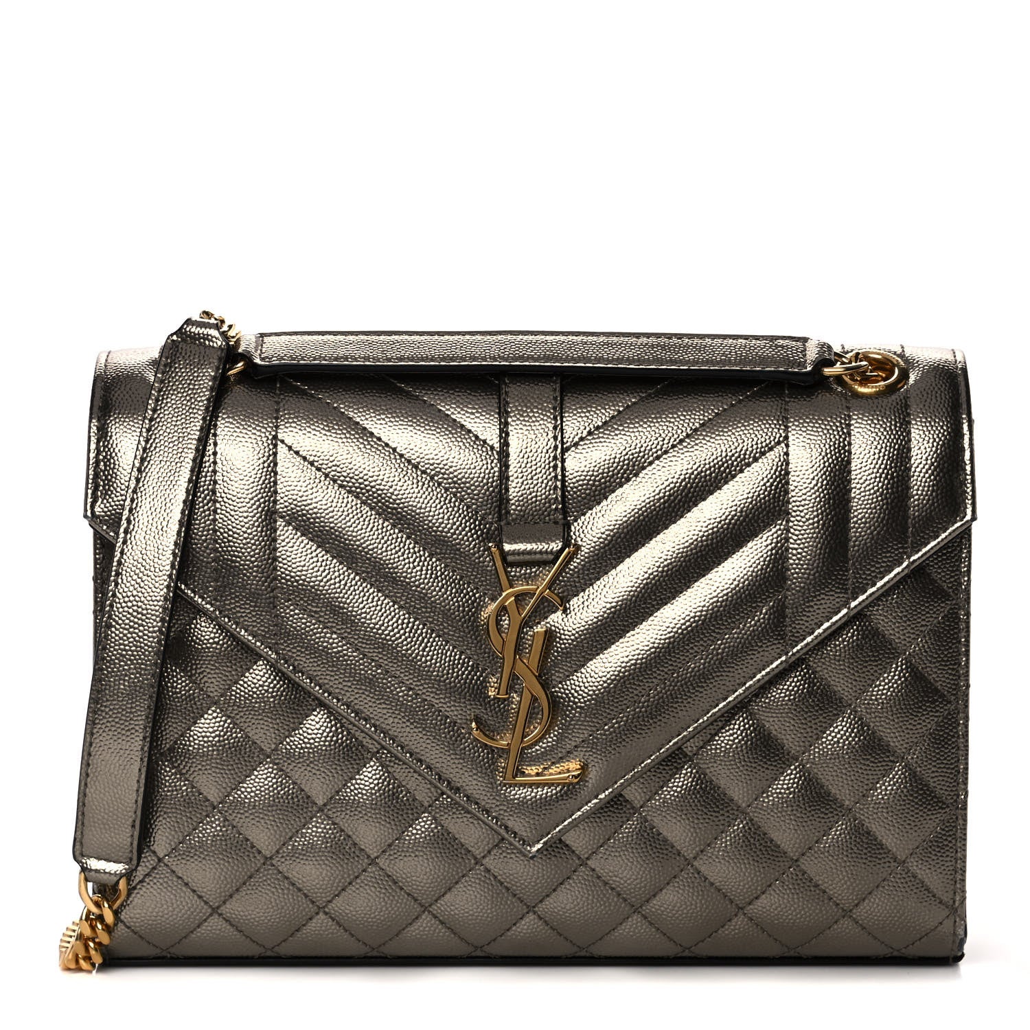 Saint Laurent Metallic Grain De Poudre Textured Mixed Matelasse Triquilt Medium Monogram Satchel Piombo 1 of 13