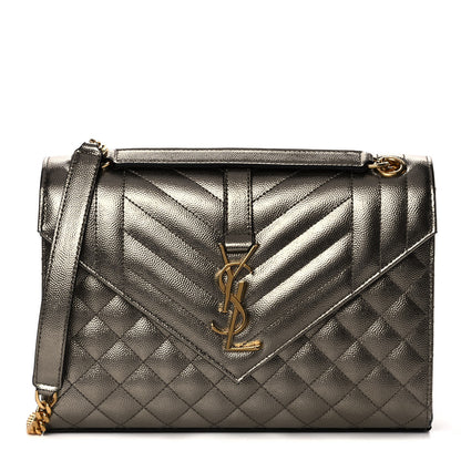 Saint Laurent Metallic Grain De Poudre Textured Mixed Matelasse Triquilt Medium Monogram Satchel Piombo 1 of 13