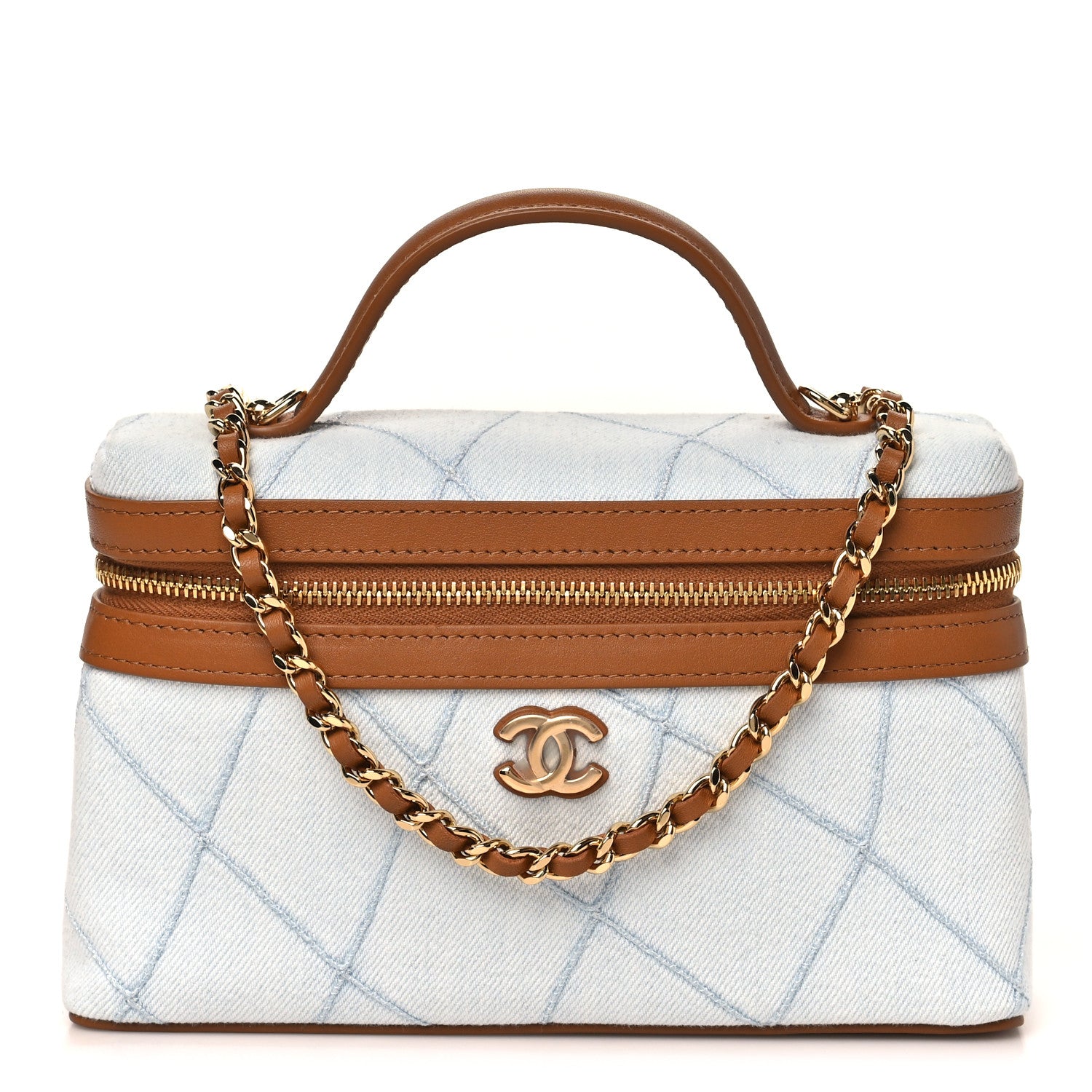 Chanel Washed Denim Calfskin Quilted Top Handle Slim Vanity Case With Chain Blue Brown 1 of 11