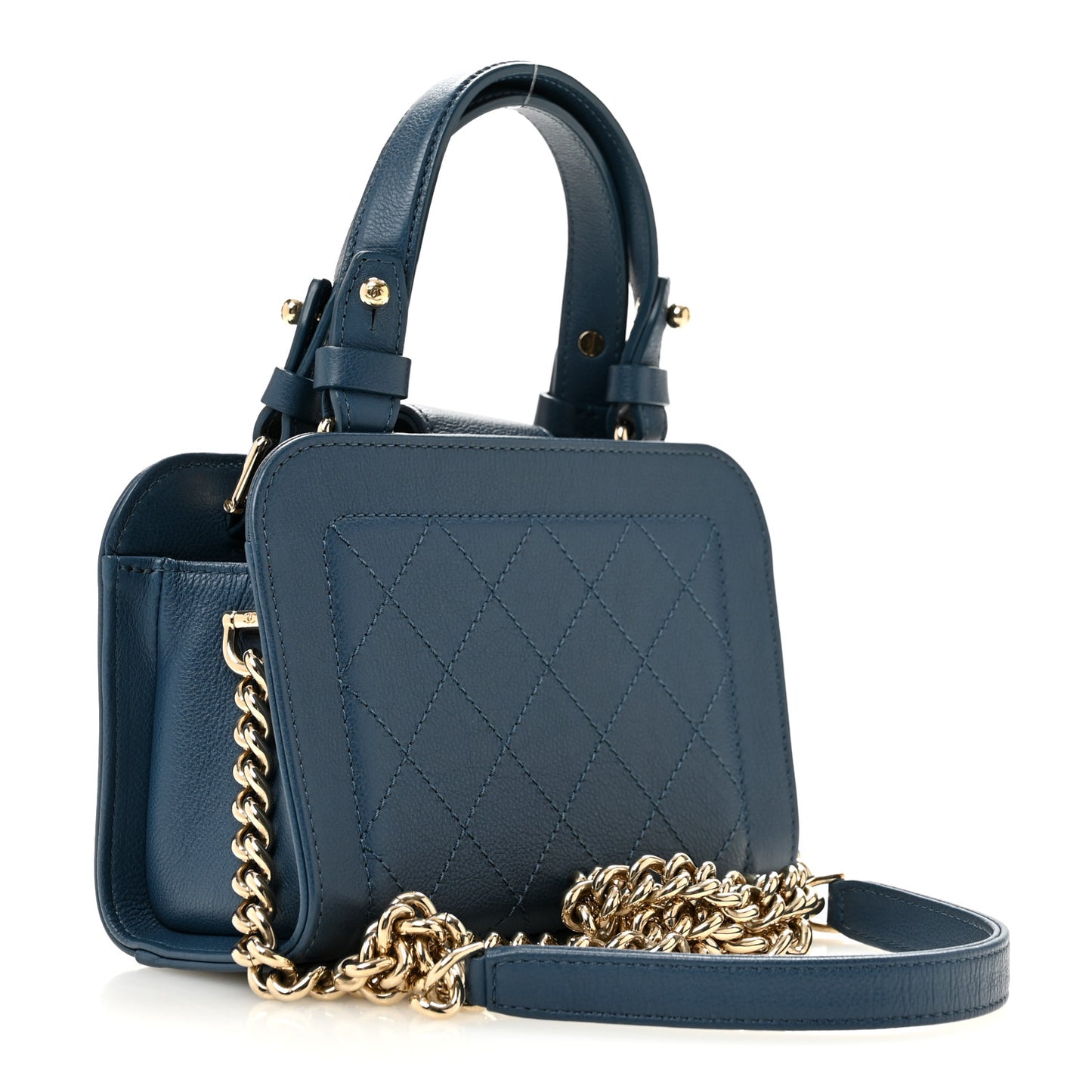 Grained Calfskin Stitched Mini Label Click Shopper Tote Blue