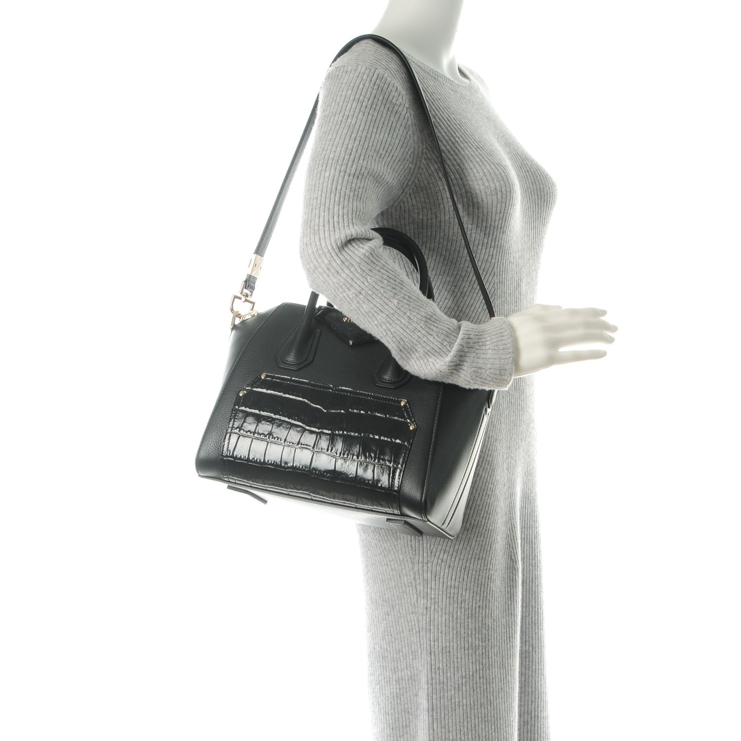 Calfskin Crocodile Embossed Small Antigona Black