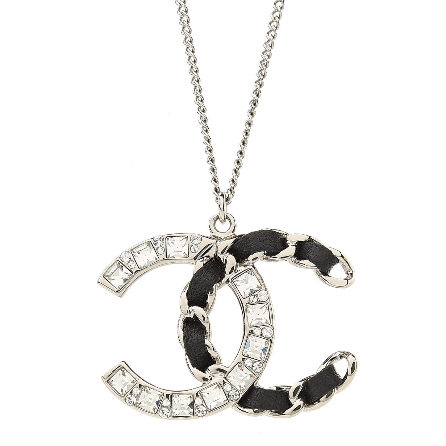 Lambskin Baguette Crystal CC Necklace Black Silver