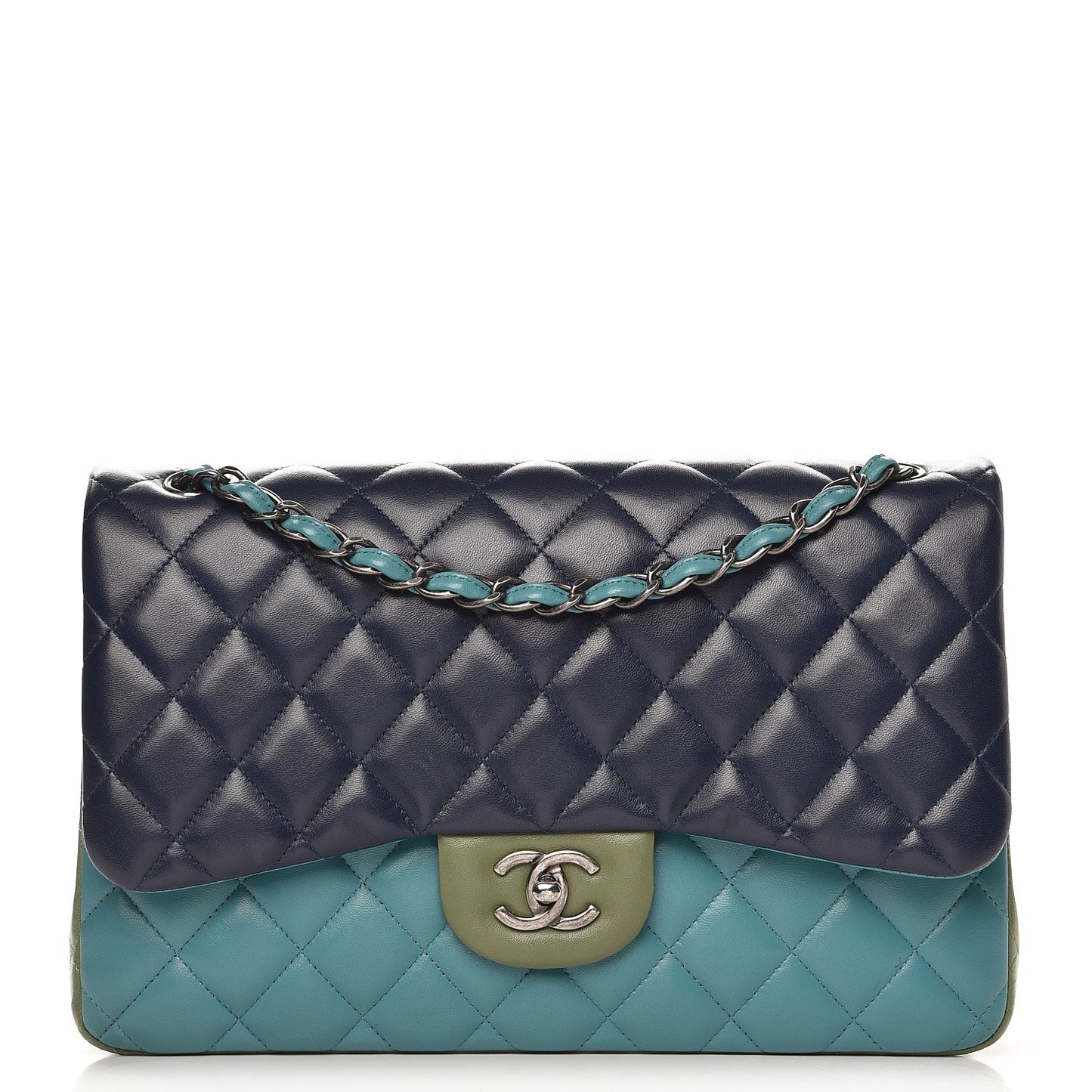 Lambskin Quilted Tri-Color Jumbo Double Flap Navy Blue Green