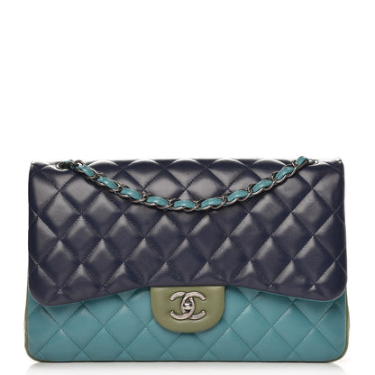 Chanel Lambskin Quilted Tri-Color Jumbo Double Flap Navy Blue Green 1 of 13