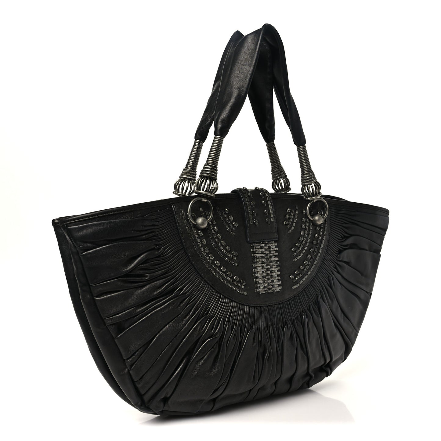 Lambskin Plisse Pleated Basket Tote Bag Black