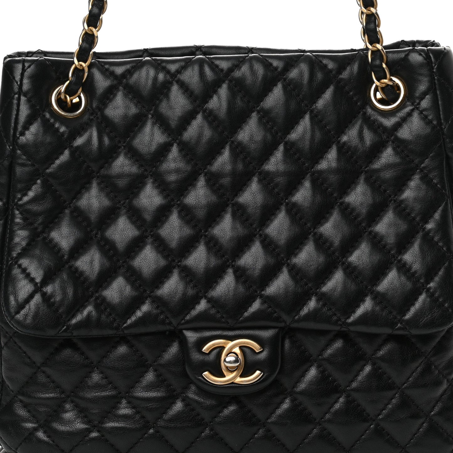 Lambskin Quilted Large Fluffy CC Shopping Tote Black