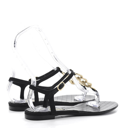 Chanel Grosgrain CC Chain Thong Sandals 37 Black Gold 4 of 7