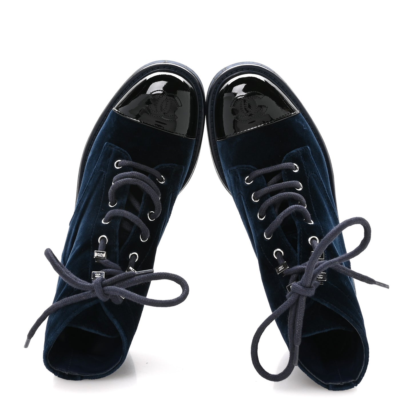 Velvet Patent Calfskin Lace Up Combat Boots 36.5 Blue Black