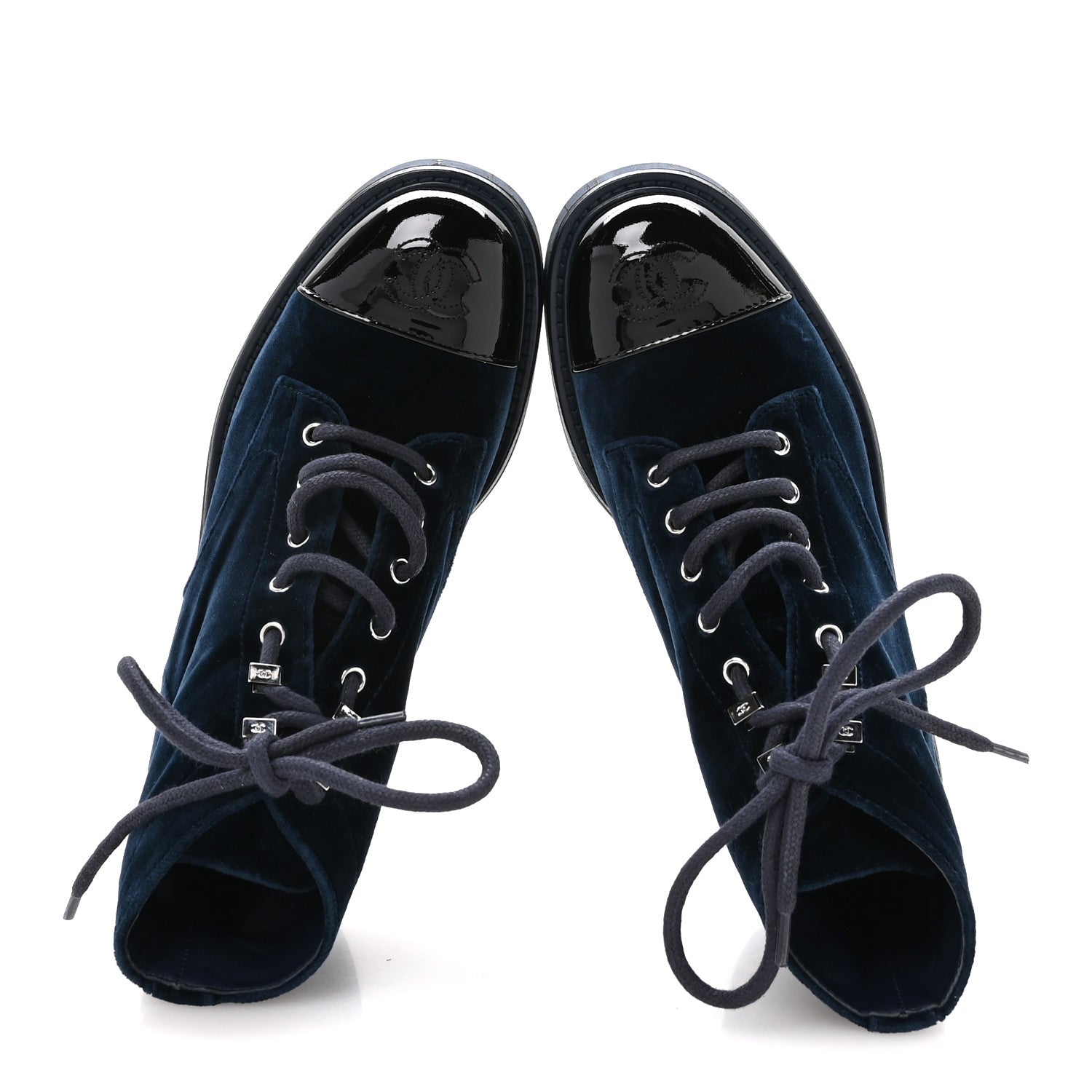 Chanel Velvet Patent Calfskin Lace Up Combat Boots 36.5 Blue Black 2 of 8