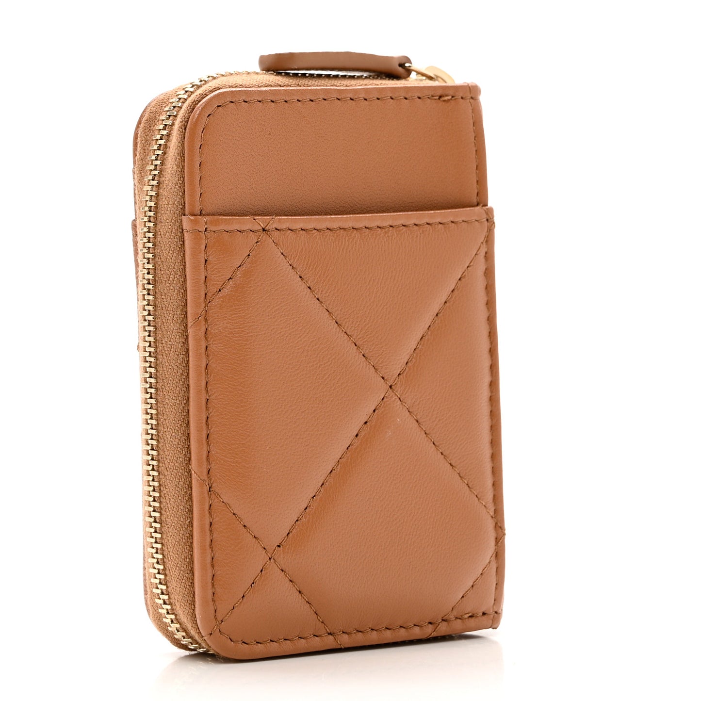 Lambskin Quilted Chanel 19 Vertical Zip Card Holder Wallet Brown