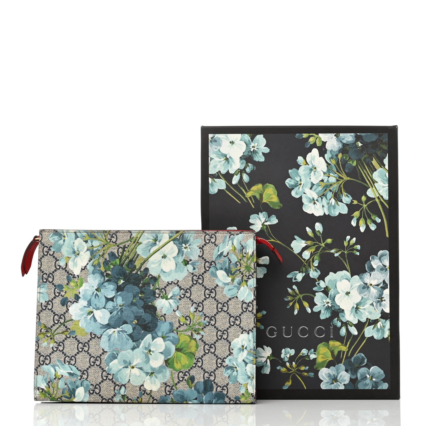 GG Supreme Monogram Blooms Large Cosmetic Case Beige Blue Navy Hibiscus Red
