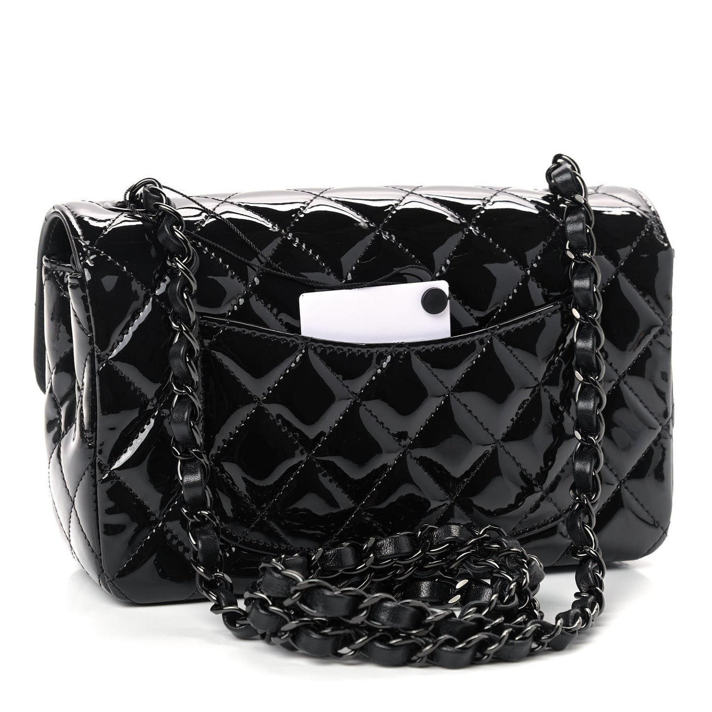 Patent Calfskin Quilted Mini Rectangular Flap So Black