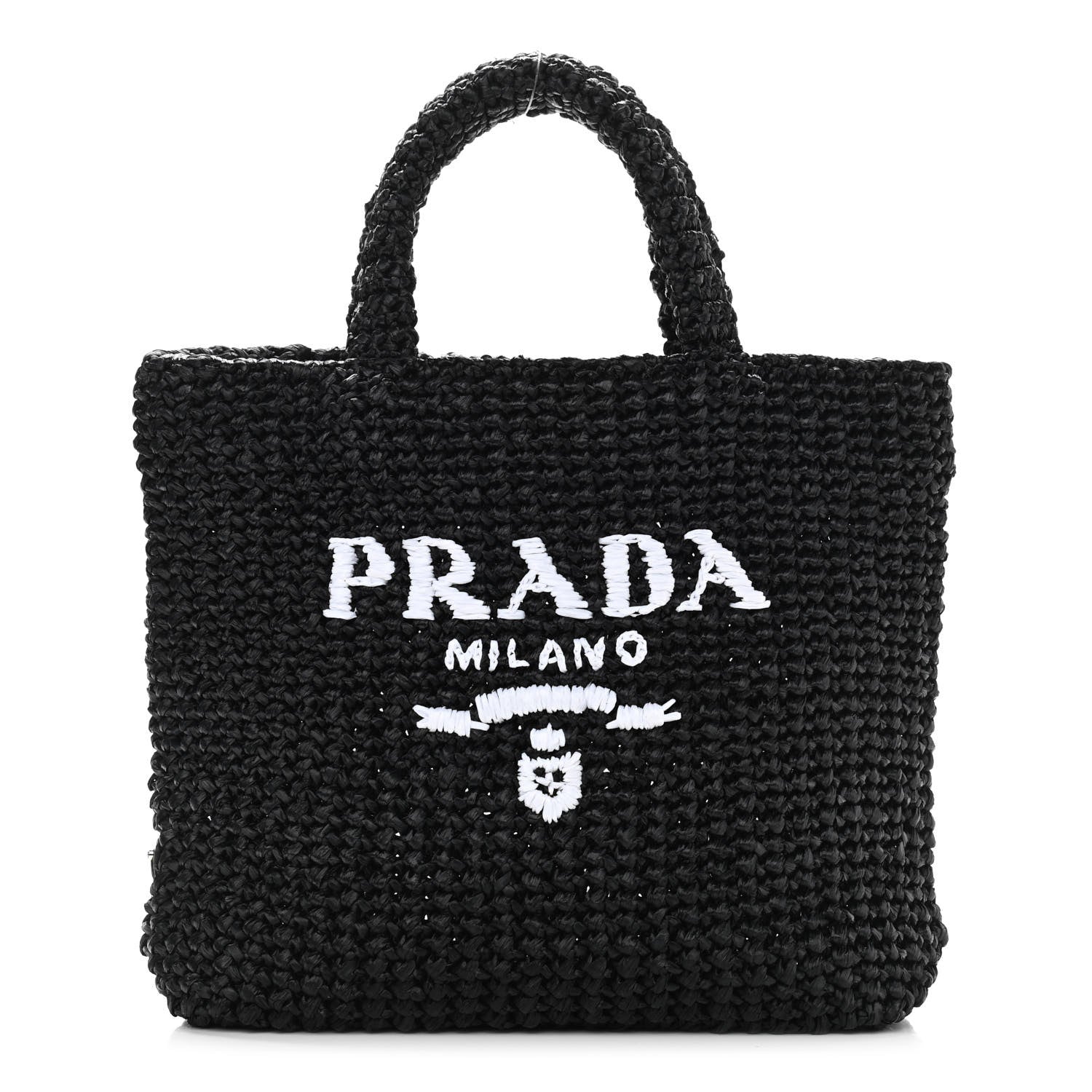 Prada Yarn Raffia Effect Crochet Small Logo Tote Black 1 of 10