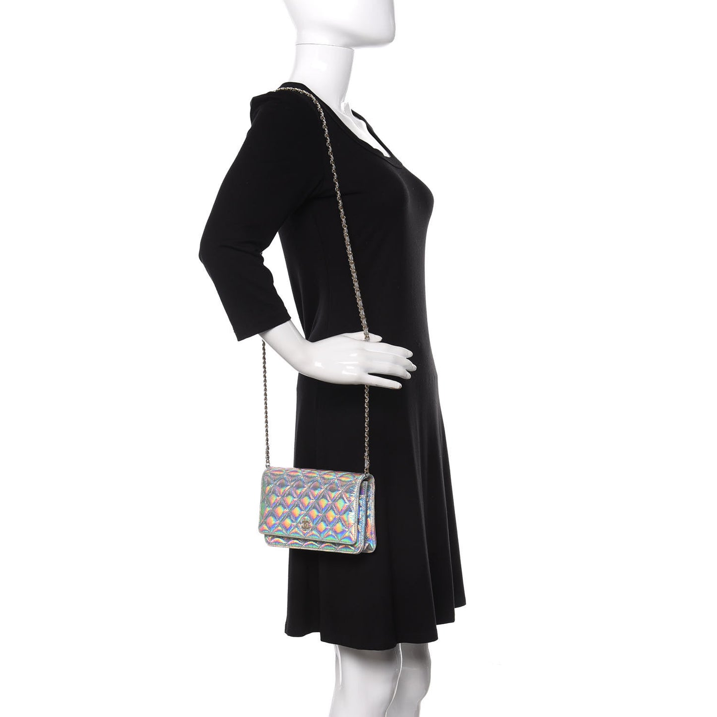 Iridescent Goatskin Quilted Wallet On Chain WOC Silver