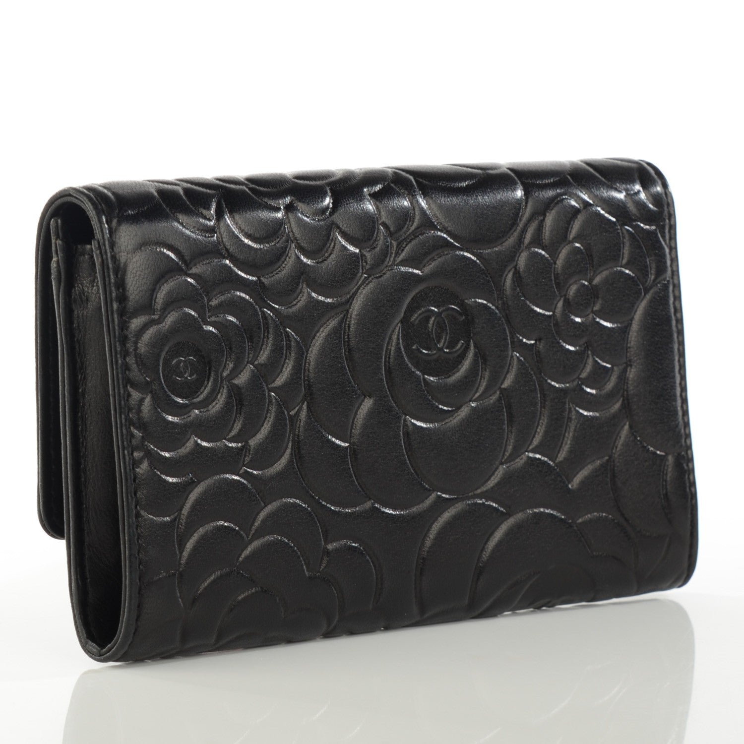 Chanel Lambskin Embossed Camellia Embossed Flap Wallet Black 3 of 8