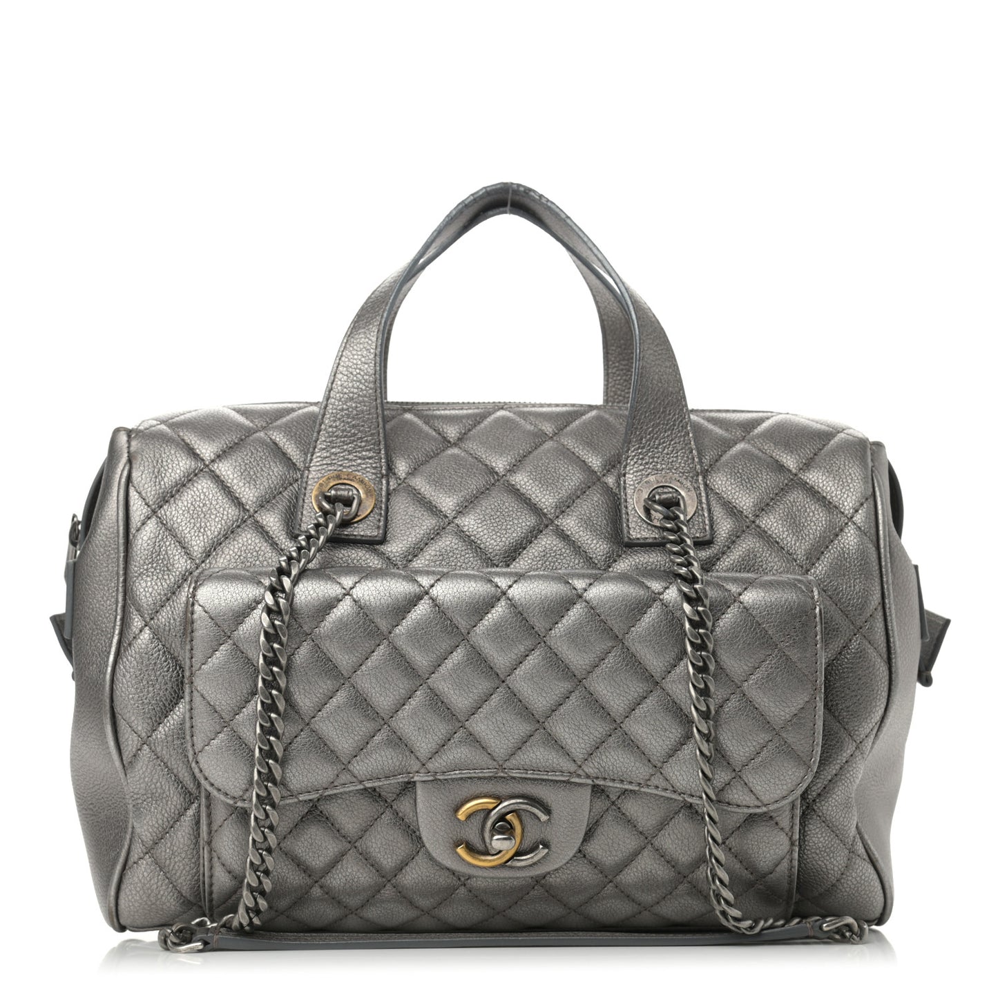 Metallic Grained Calfskin Quilted Large Casual Pocket Bowling Bag Silver