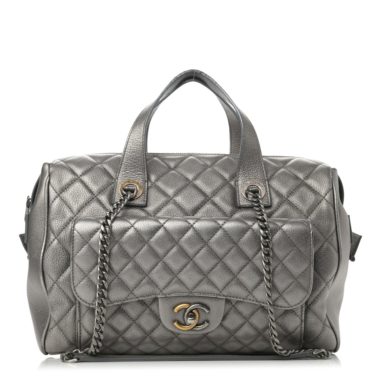 Chanel Metallic Grained Calfskin Quilted Large Casual Pocket Bowling Bag Silver 1 of 14