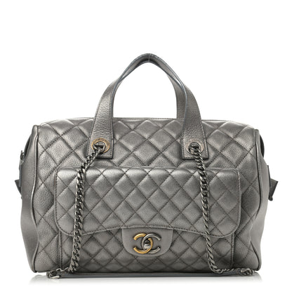 Chanel Metallic Grained Calfskin Quilted Large Casual Pocket Bowling Bag Silver 1 of 14