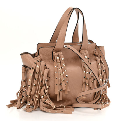 Valentino Garavani Grained Calfskin Small Rockstud C-Rockee Fringe Tote Poudre 3 of 10