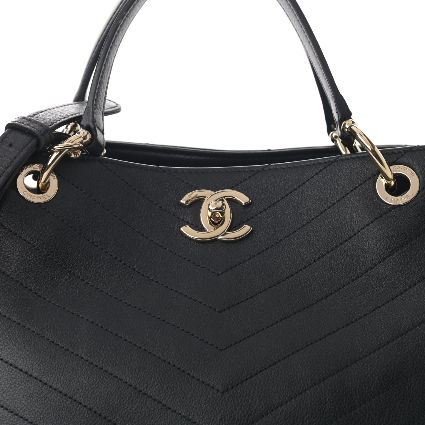 Calfskin Stitched Large Chevron Chic Shopping Bag Black